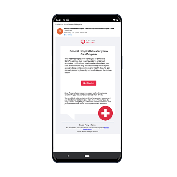 Masimo SafetyNet App -- Email Center --  displayed on screen